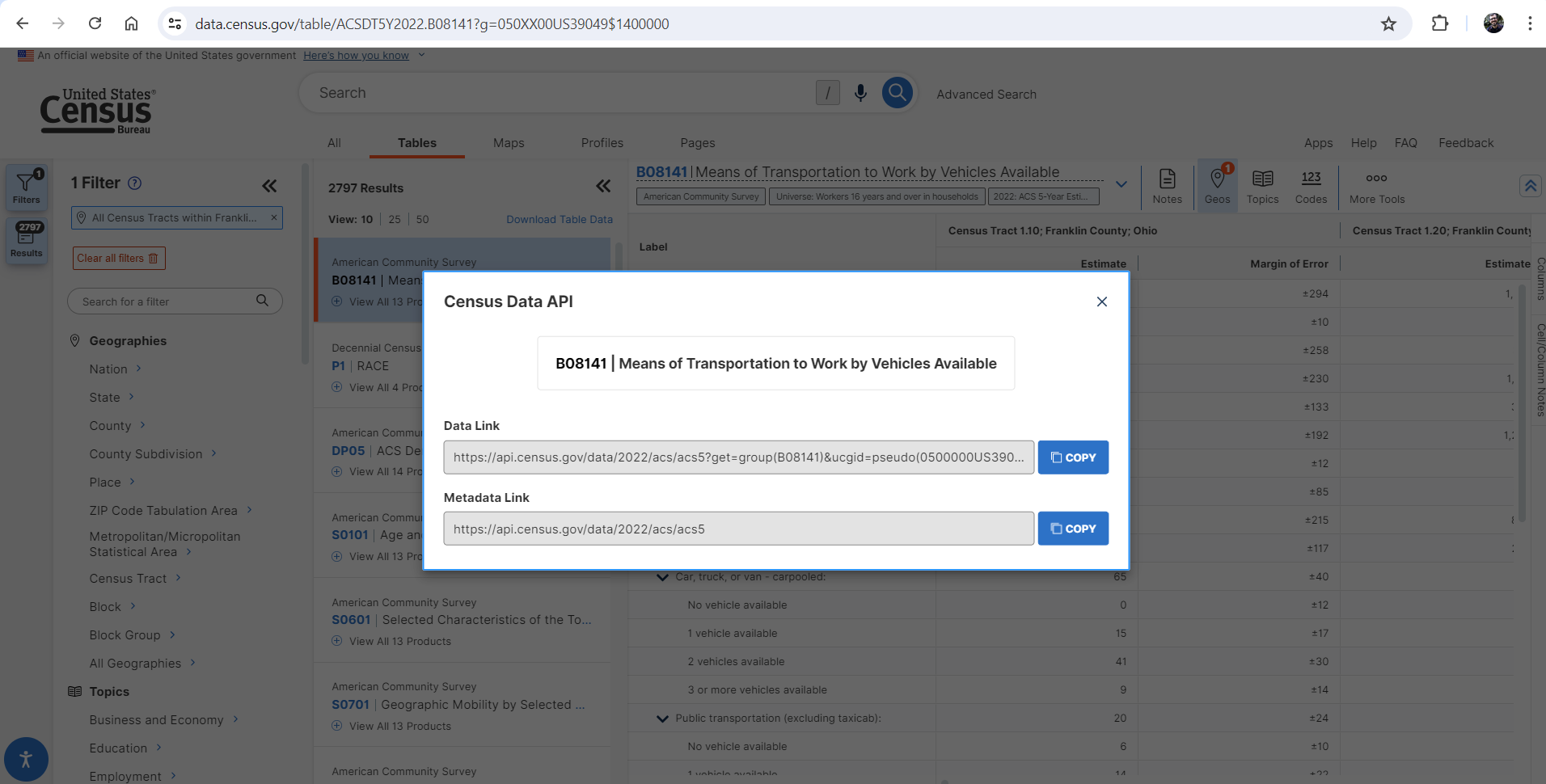 Screenshot showing data.census.gov API query generator feature