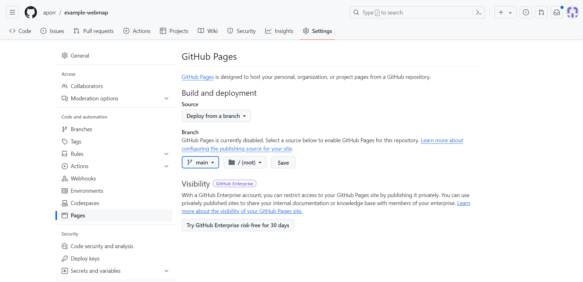 Enable the GitHub Pages feature for the repository in the repository settings page on the GitHub web site